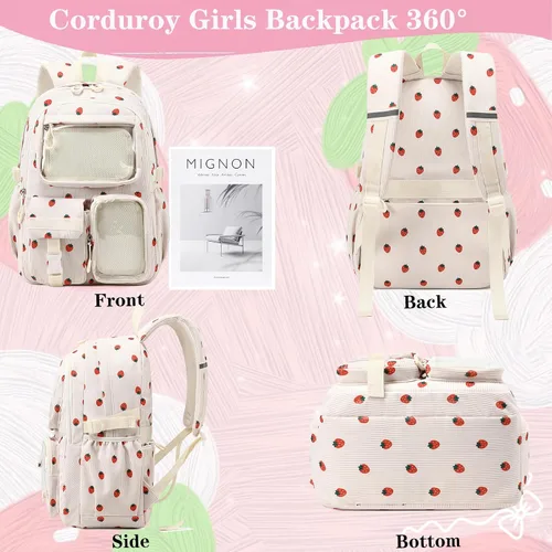 Vista 2 de Mochila escolar para niñas y niños, mochila escolar para primaria, resistente al agua, mochila escolar para adolescentes, Fresa Beige, Tamaño único