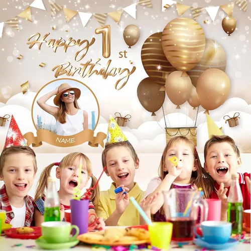 Vista 7 de Cartel de feliz cumpleaños beige personalizado para telón de fondo grande de feliz cumpleaños, globo aerostático, fiesta, interior y exterior