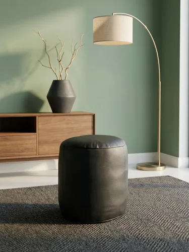Vista 18 de Rugsotic Carpets Puf de cuero de cabra redondo hecho a mano ecológico negro – Puf de forma redonda, 14.0 in x 14.0 in x 14.0 in x 14.0 in, liso