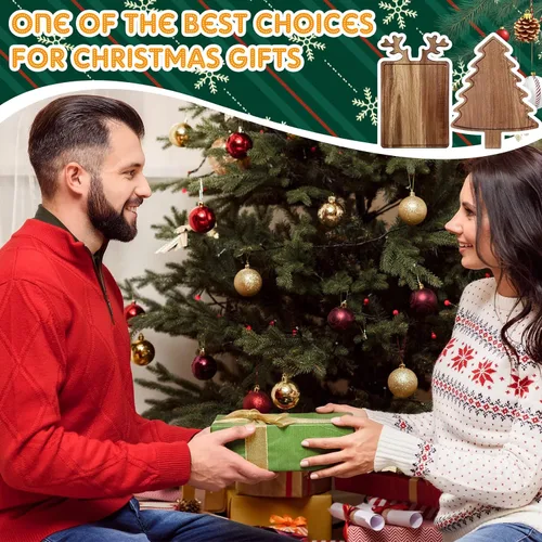 Vista 7 de Umigy 2 Piezas Tablas de Charcutería de Navidad Tabla de Cortar de Madera en Forma de Árbol de Navidad con Mango Cornamenta Madera de Acacia Bonita