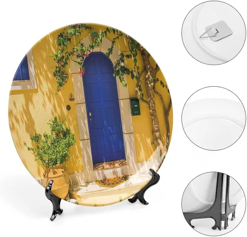 Vista 4 de Plato decorativo de 8 pulgadas, placa de porcelana amarilla y azul, placa de exhibición tradicional griega para puerta de casa griega para cenas