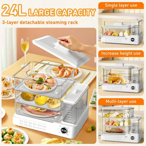 Vista 3 de Vaporizador eléctrico de 24L/25QT, vaporizador de alimentos de 3 niveles, vaporizador comercial de acero inoxidable con tanque de agua desmontable