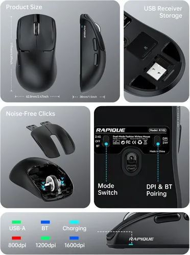 Vista 6 de RAPIQUE Ratón inalámbrico de 1.87 oz, Bluetooth 5.1 y modo dual de 2.4 GHz Negro