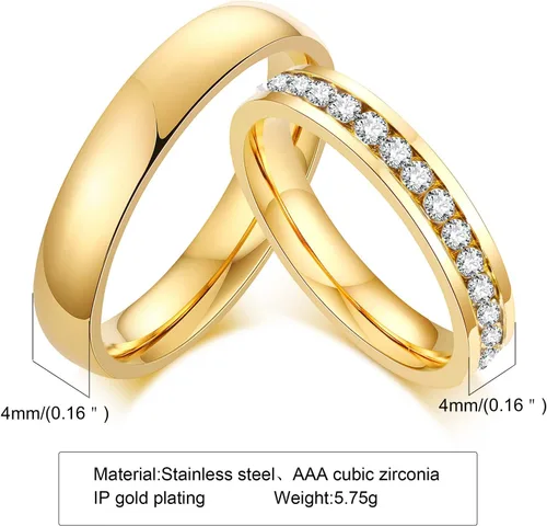 Vista 2 de Anillos de compromiso personalizados a juego para parejas, juego de anillos de boda de acero inoxidable dorado para él y ella, anillos de pareja