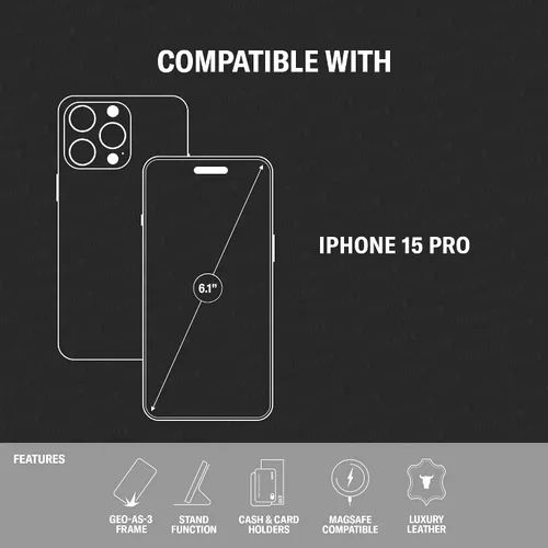 Vista 2 de TORRO Funda de cuero prémium compatible con iPhone 15 Pro de 6.1 pulgadas, funda de piel auténtica tipo cartera con función atril y ranuras