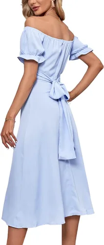 Vista 2 de LYANER Vestido para mujer con hombros descubiertos, envolvente, con volantes, manga corta abombada, fruncido y lazo en la espalda
