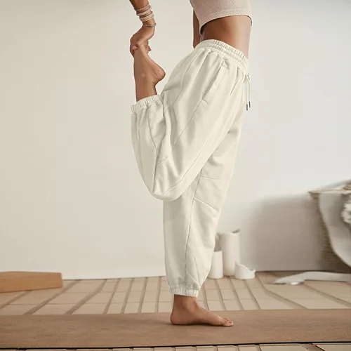 Vista 3 de Pantalones deportivos de forro polar de cintura alta para mujer, holgados, cómodos, elásticos, pantalones deportivos de entrenamiento casuales