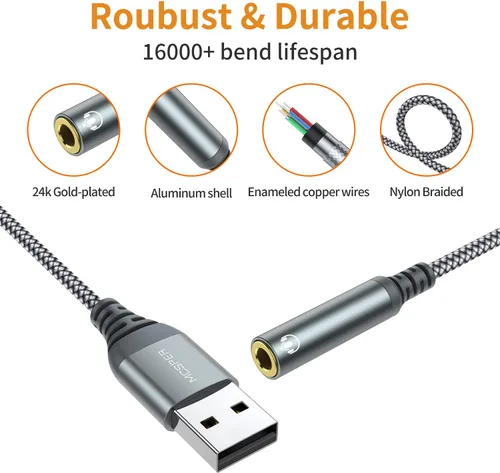 Vista 5 de Adaptador de USB a conector de audio de 3.5mm, convertidor de tarjeta de sonido externa compatible con auriculares, PC, portátil, Mac, computadoras