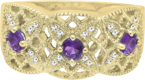 Vista 3 de Anillo de compromiso de oro amarillo de 14 quilates con piedras preciosas redondas y diamantes blancos para mujer.