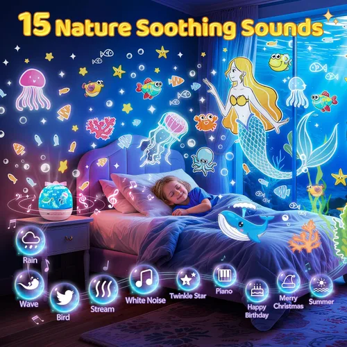 Vista 2 de 【PAQUETE DE REGALO】Regalos de unicornio para niñas, luz nocturna con 15 películas + 10 músicas con sonidos relajantes, máquina de proyección