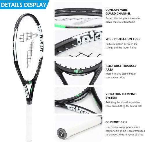 Vista 3 de Teloon Raqueta de tenis para niños, raqueta de tenis juvenil de 19 a 25 pulgadas con cubierta, raqueta de tenis junior para niños y niñas de 3 a 12