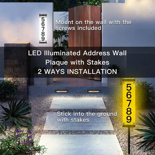 Vista 3 de Números solares de casa para exteriores, letrero de dirección solar iluminado placa números de dirección para casas, impermeable, LED, alimentado