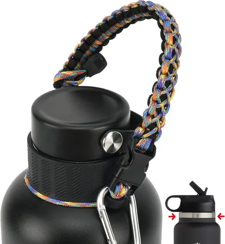 Vista 22 de Asa de cuerda de paracaídas para botellas Hydroflask 2.0 de boca ancha y estándar, con nuevo soporte de anillo de seguridad, 12oz - 64oz Negro