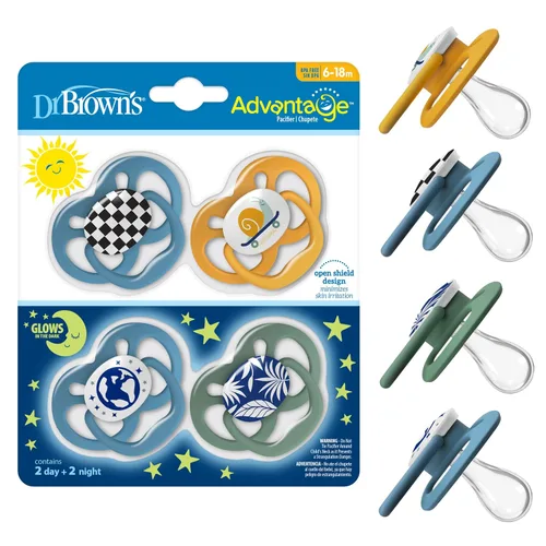 Vista 13 de Dr. Brown's Advantage Glow-in-the-Dark Baby Pacifier, Fully Symmetrical Soother with Soft Silicone Bulb, Blue Nature, 6-18m, BPA Free, 2 Pack