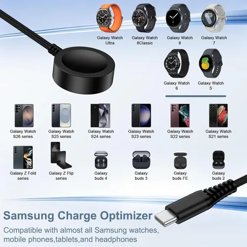 Vista 7 de Cable magnético de carga rápida Samsung para Galaxy Watch 8 Classic/8/7/Ultra/6/6/5 Pro/5/4/3/FE/2/2 en 1 USB A y USB C, cable de carga rápida de 6