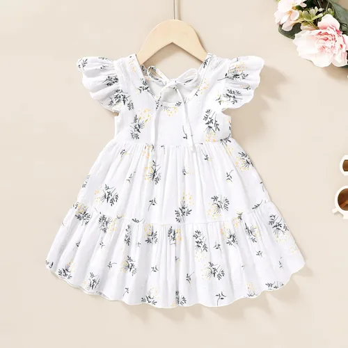 Vista 3 de Vestido bohemio de lino para niña pequeña, vestido casual sin mangas con volantes y estampado floral liso para verano y playa