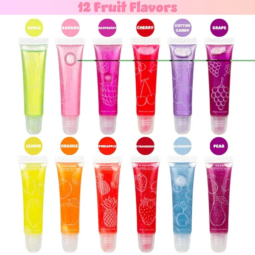 Vista 2 de EXPRESSIONS Juego de 12 brillos de labios saborizados a granel Tubos de compresión no tóxicos, seguros para niños para recuerdos de fiesta