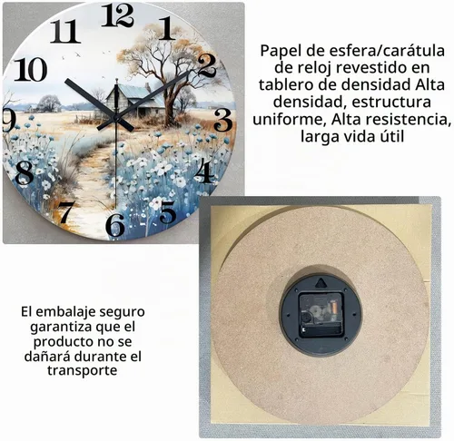 Vista 6 de XNM Reloj de pared redondo para cocina, funciona con pilas, reloj de pared rústico de 10 pulgadas con flores azules, reloj de pared silencioso