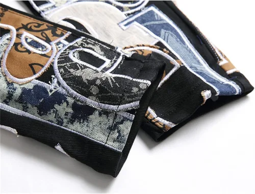 Vista 4 de Jeans de mezclilla de retazos para hombre ropa de calle moderna parches de letras pantalones rectos ajustados de cintura media pantalones negros
