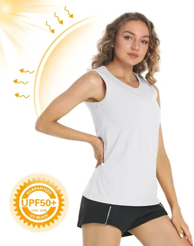 Vista 3 de MAGCOMSEN Camisetas de entrenamiento sin mangas para mujer, de ajuste seco, absorben la humedad, para gimnasio, protección solar