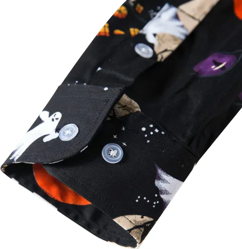 Vista 7 de fohemr Camisa divertida de Halloween para hombre, diseño de calabaza fea, manga larga, casual, con botones, disfraz de adulto para fiesta