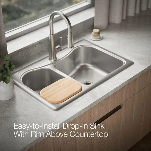 Vista 6 de KOHLER Fregadero de cocina Staccato™ de 33 x 22 pulgadas, fregadero de cocina de acero inoxidable Lrg/Med SS 1 agujero, cuenco doble, K-3361-1-NA
