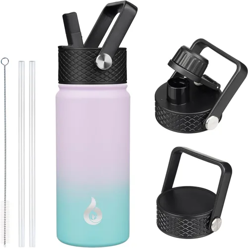 Vista 66 de BJPKPK Botellas de Agua Aisladas con Tapa de Pajita, Botella de Agua de Acero Inoxidable de 18oz, Termo Frío Caliente con 3 Tapas, Vaso de Viaje a