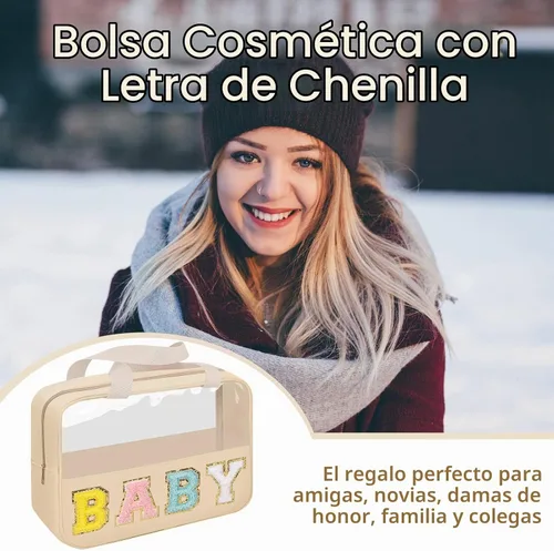 Vista 5 de Iqimott Bolsa de bebé con parche de letras de chenilla, bolsa de cosméticos transparente para maquillaje, bolsa grande de almacenamiento