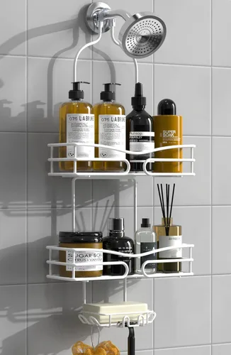 Vista 7 de DAOYA Organizador de Ducha para Baño Colgante - Organizador de 3 Niveles con Soporte para Jabón y 6 Ganchos para Toallas, Esponja; Compatible