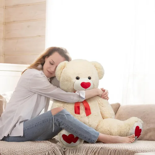 Vista 4 de HollyHOME Oso de Peluche Grande Animal de Peluche Oso Grande de Felpa con Corazón Rojo para Novia y Niños Juguete de Regalo de Vacaciones 36 Beige