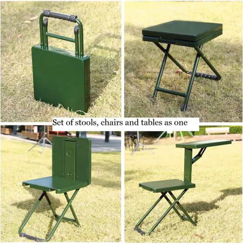 Vista 5 de Taburete plegable para silla de camping, taburete de pesca portátil Silla plegable multifuncional 3 en 1 con mesa auxiliar para acampar al aire