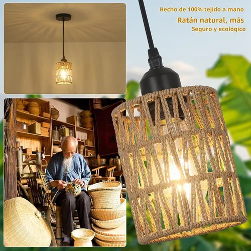 Vista 4 de LAMSU Lámparas colgantes de ratán de 1 luz, iluminación colgante bohemia de granja con pantalla tejida a mano de 4.7×5.9 pulgadas, pequeña lámpara