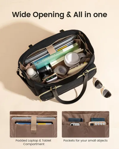 Vista 5 de LOVEVOOK Bolsa de mano para profesores, bolsa para laptop para mujer con portavasos grande y área de archivo de acordeón, bolsa de trabajo
