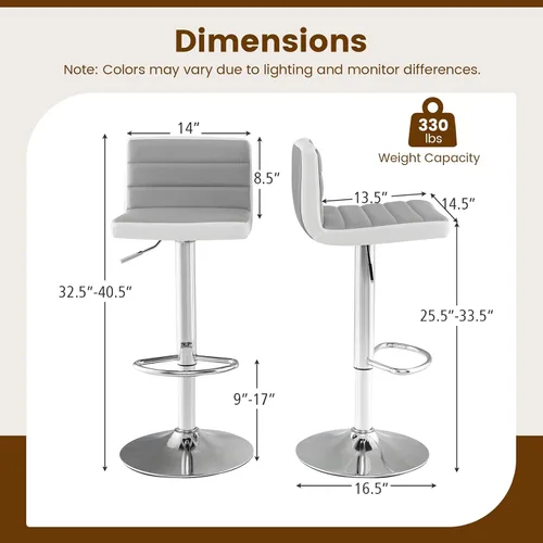 Vista 10 de COSTWAY Juego de 2 taburetes de bar ajustables, modernas sillas de bar giratorias de piel sintética con respaldo, reposapiés, taburetes de bar