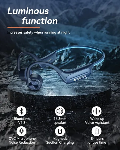 Vista 2 de Voistek Auriculares de conducción ósea inalámbricos Bluetooth, auriculares de conducción ósea ajustables con reproductor de MP3 de 32 GB e Azul