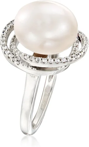 Vista 3 de Ross-Simons Italian 12mm Cultured Pearl and .70 ct. t.w. CZ Ring in Sterling Silver