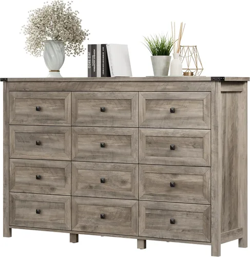 Vista 13 de Xixini - Cómoda para dormitorio con 5 cajones, cómoda alta de madera, organizador moderno de ropa estilo granja, gabinete de almacenamiento con asas