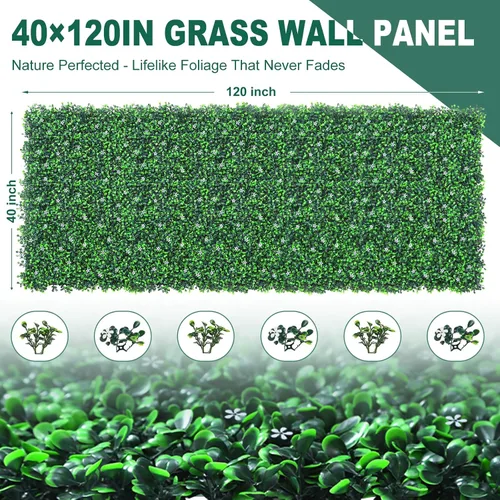 Vista 3 de Yangrass Rollo de Paneles de Pared de Césped, 40"x120" (33.33 pies cuadrados) Hiedra Artificial con Flor Blanca, Paneles Verdes de Pared de Césped