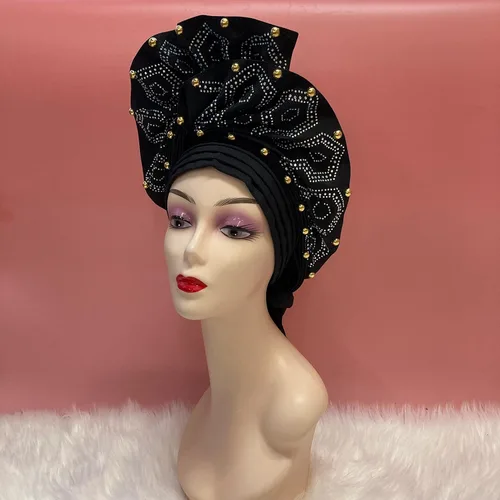 Vista 3 de Diadema de gel Nigeriano Aso Oke Auto con cuentas y piedras ya hechas africanas para mujer