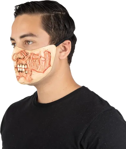 Vista 5 de Ghoulish Productions Máscara de 2 caras de bozal. Máscara de látex de media cara rasgada. Máscara de látex de talla única para adultos. Línea