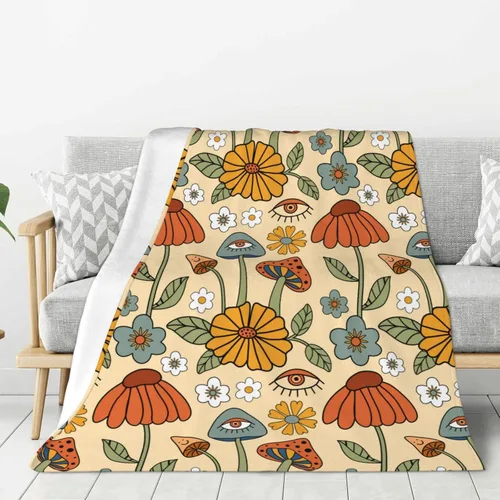Vista 3 de Manta de hongos florales retro de los años 70, mantas suaves de franela para cama, acogedora y ligera, regalos de felpa para mujeres, hombres