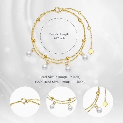 Vista 5 de Pulsera de oro macizo de 14 quilates para mujer, pulsera de perlas cultivadas de agua dulce de oro amarillo con doble cadena de regalo para ella