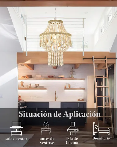 Vista 5 de ELYONA Candelabro grande de madera de abedul con cuentas de 3 luces, 16 pulgadas, estilo bohemio, estilo granja, luz colgante rústica, lámpara