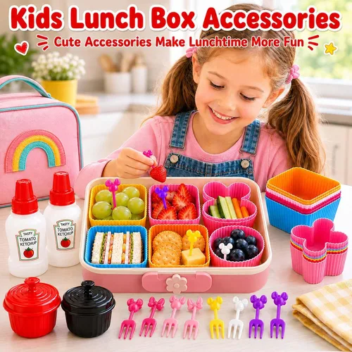 Vista 3 de Juego de 32 piezas de accesorios de caja Bento, divisores de silicona para lonchera, mini botella de ketchup, contenedor de aderezo para ensaladas