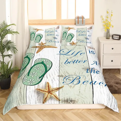 Vista 3 de Juego de funda de edredón con chanclas para niños, color verde y blanco, funda de edredón de madera rústica para niños y niñas, decoración