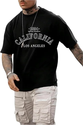 Vista 3 de GORGLITTER Camiseta de manga corta con cuello redondo para hombre, casual, hombros caídos, camiseta de gran