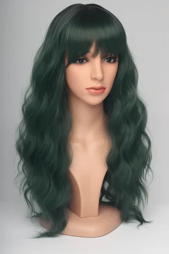 Vista 5 de Peluca ondulada verde bosque de 24 pulgadas con flequillo, pelo sintético resistente al calor para mujer, gorra ajustable con clips a presión