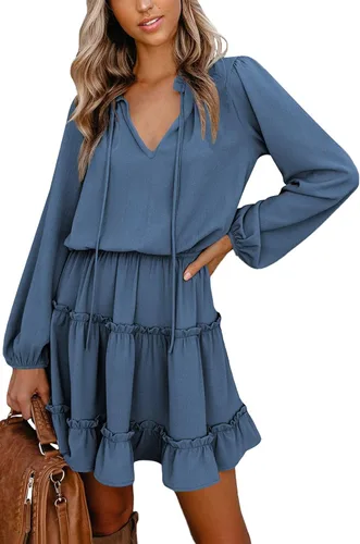 Vista 2 de LaSuiveur Vestidos casuales de otoño para mujer, cuello en V, cuello de lazo, manga larga, cintura alta, lunares, volantes, escalonado, mini vestido