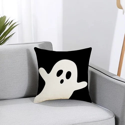 Vista 2 de Juego de 2 fundas de almohada de Halloween de 16 x 16 pulgadas, decoración de fantasma blanco negro, funda de almohada de lino para el hogar, sofá