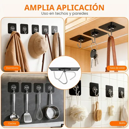 Vista 2 de DDMY Ganchos adhesivos resistentes para colgar 50 libras (máx.), ganchos de pared negros con fuerte adherencia, gancho extraíble sin daños